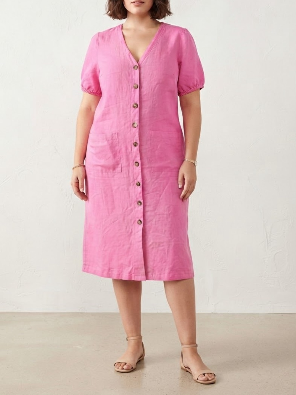 Lou & Grey Hot Pink Button-Front Linen Midi Dress